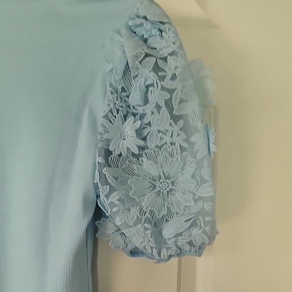 Dolan Anthropologie Lace Puff Sleeve Ribbed Knit Top Light Blue Women’s Small - Picture 7 of 11